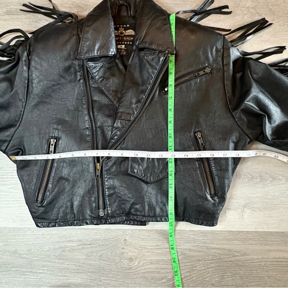 Don’t Stop Vintage Cropped Black Leather Jacket with Fringe Fringes Size S - Picture 9 of 10